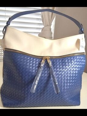 Colorblock Woven Navy and Cream Handbag Or Tote, NWT